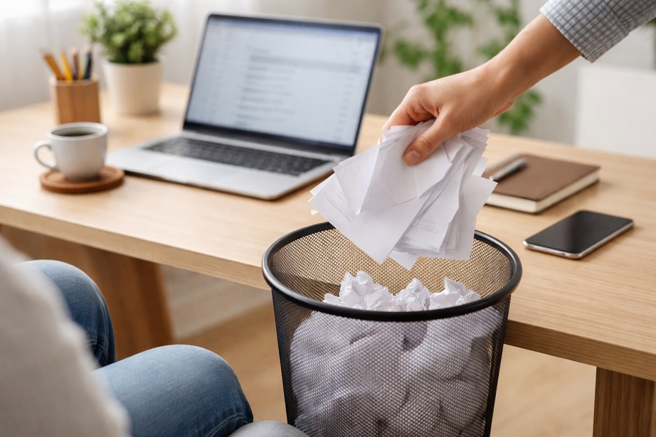 机上で不要な紙をまとめてゴミ箱に捨て、デスク周りを整理している手元のイメージ