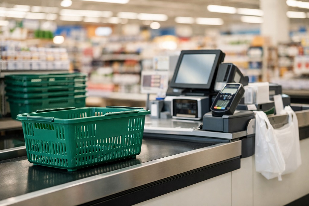 スーパーのレジに置かれた買い物カゴと会計機器の様子