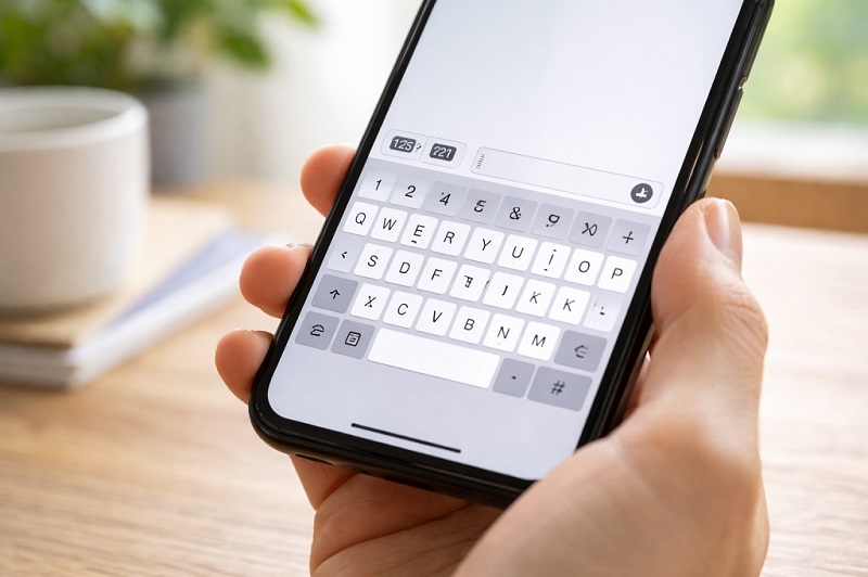 スマートフォンのキーボード画面で記号入力をしている様子