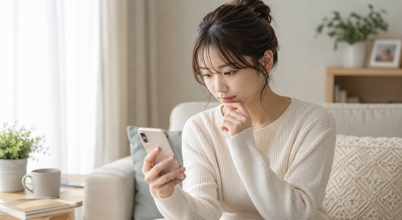 リビングでスマホをジッと見つめている女性の画像